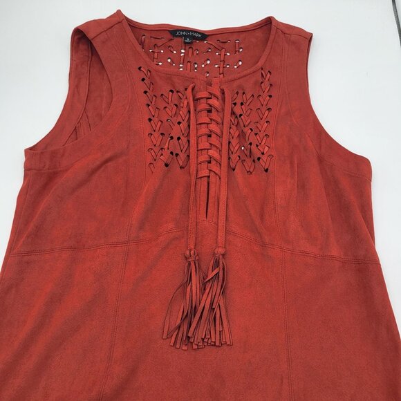 JOHN MARK Women's Small Faux Suede Sleeveless Top Tunic Orange Rust Tassel - Picture 1 of 9
